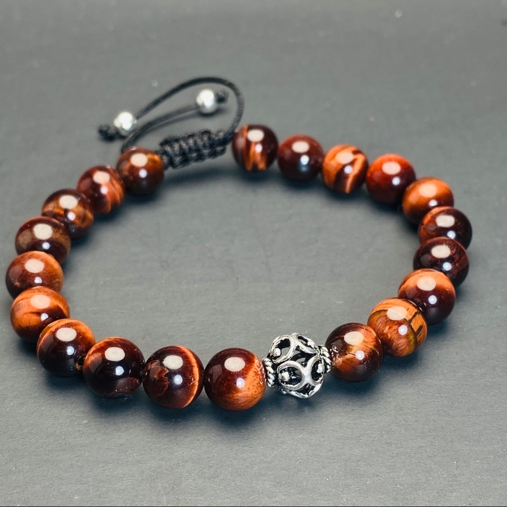 925 Red Tiger Eye Sterling Silver Beaded Bracelet